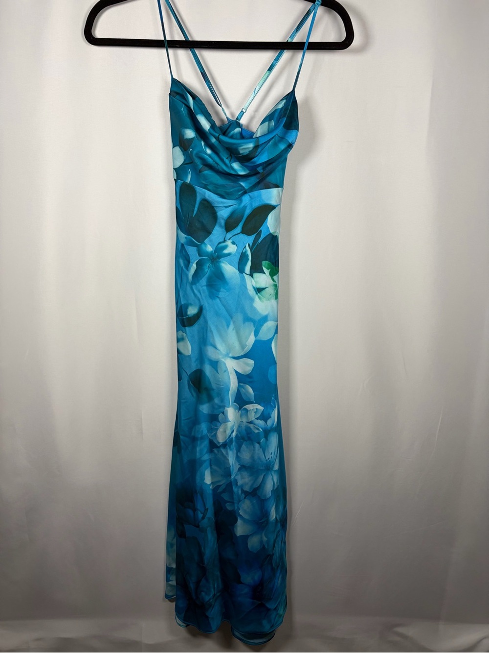 B. Smart Blue Floral Spaghetti Strap Midi Satin Slip Cowl Neck Evening Dress -XS